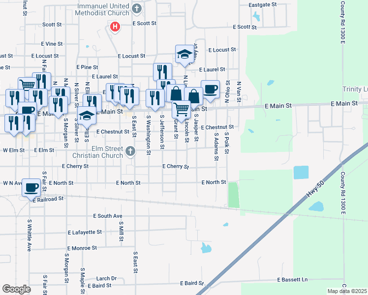map of restaurants, bars, coffee shops, grocery stores, and more near 300-398 South Lincoln Street in Olney