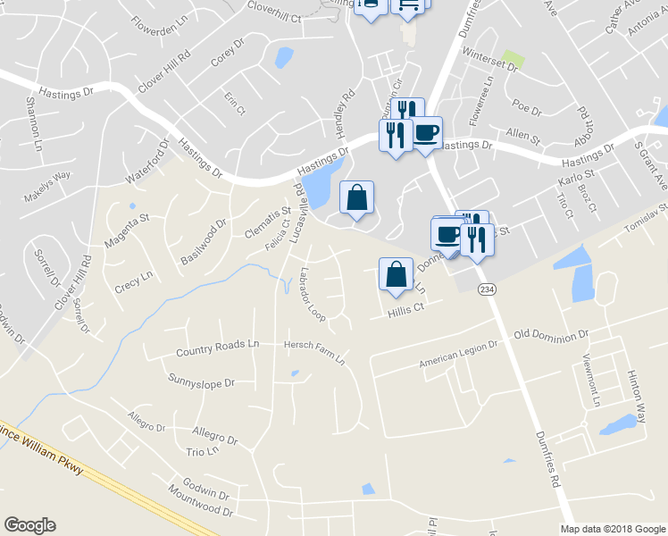 map of restaurants, bars, coffee shops, grocery stores, and more near 10402 Labrador Loop in Manassas