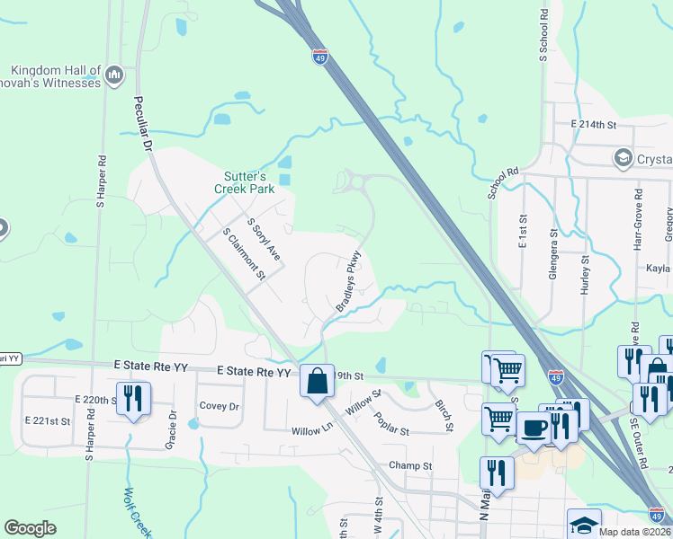 map of restaurants, bars, coffee shops, grocery stores, and more near 21617 Westover Court in Peculiar