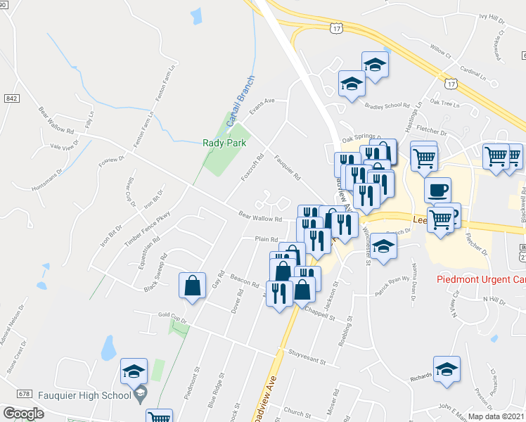 map of restaurants, bars, coffee shops, grocery stores, and more near 405 Forest Court in Warrenton