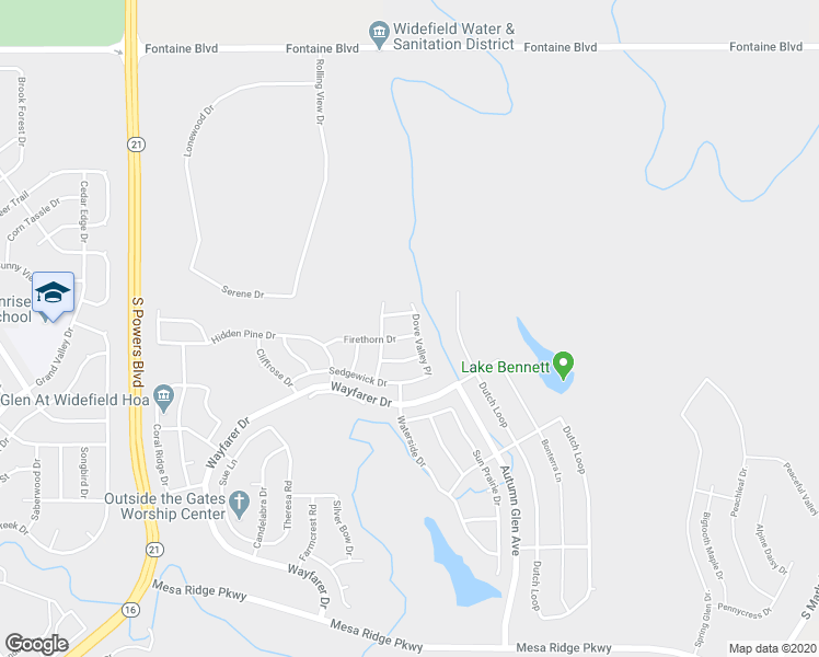 map of restaurants, bars, coffee shops, grocery stores, and more near 8358 Firethorn Drive in Colorado Springs