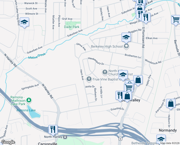 map of restaurants, bars, coffee shops, grocery stores, and more near 5015 Rockingham Drive in St. Louis