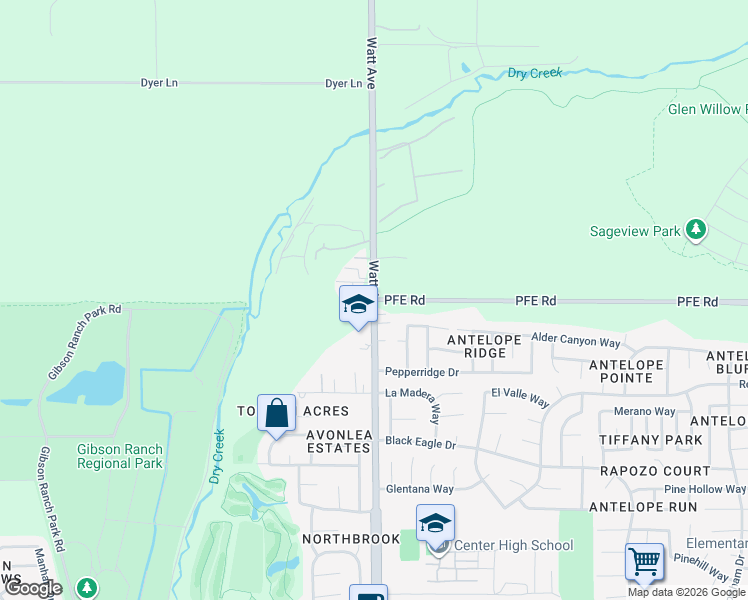 map of restaurants, bars, coffee shops, grocery stores, and more near Watt Ave & Pfe Rd in Roseville