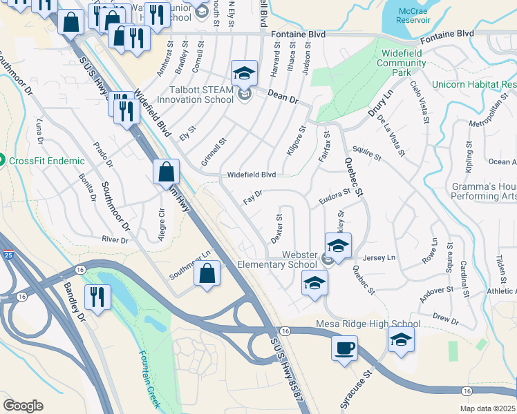 map of restaurants, bars, coffee shops, grocery stores, and more near 222 Dairy Lane in Colorado Springs