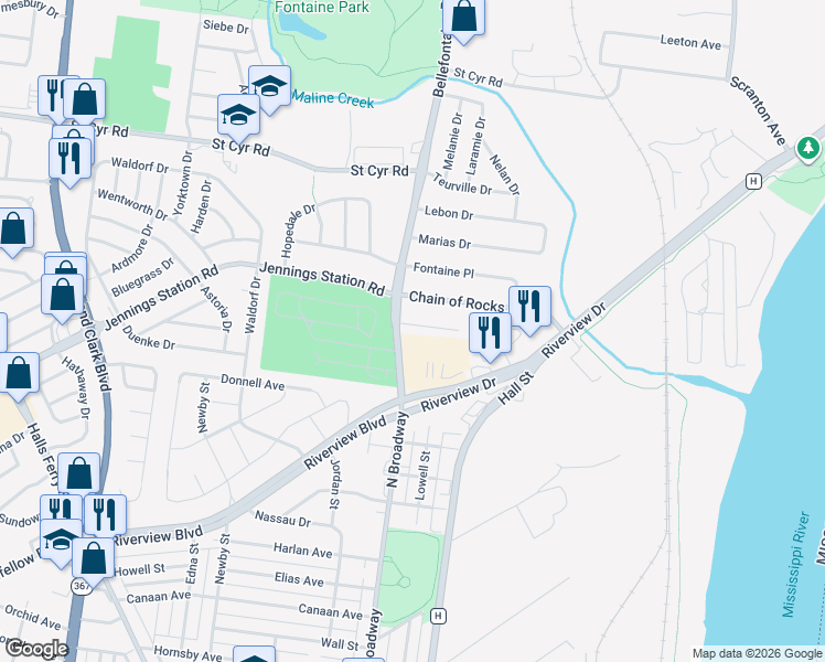 map of restaurants, bars, coffee shops, grocery stores, and more near 970 Raford Court in St. Louis