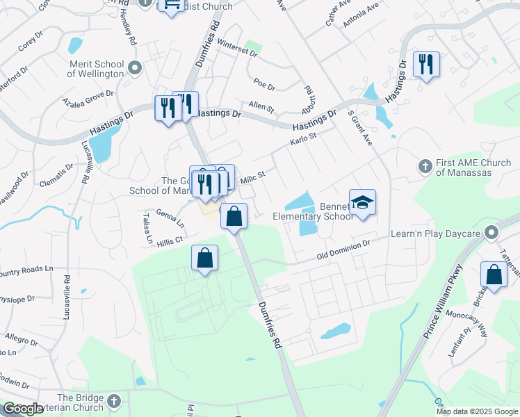 map of restaurants, bars, coffee shops, grocery stores, and more near 9230 Caspian Way in Manassas