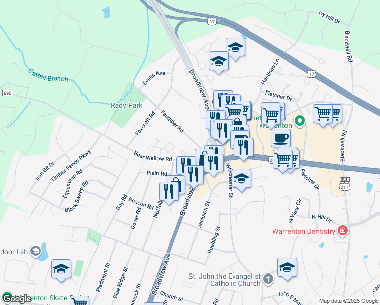 map of restaurants, bars, coffee shops, grocery stores, and more near 533 Tiffany Court in Warrenton