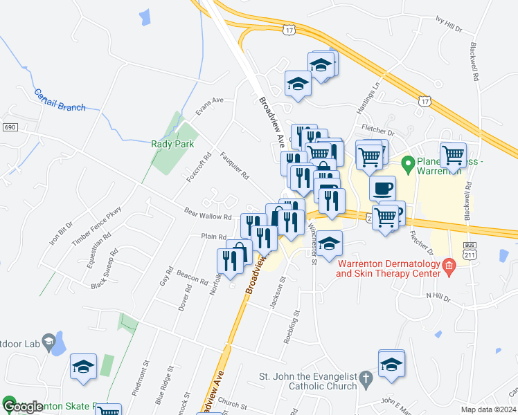 map of restaurants, bars, coffee shops, grocery stores, and more near 533 Tiffany Court in Warrenton