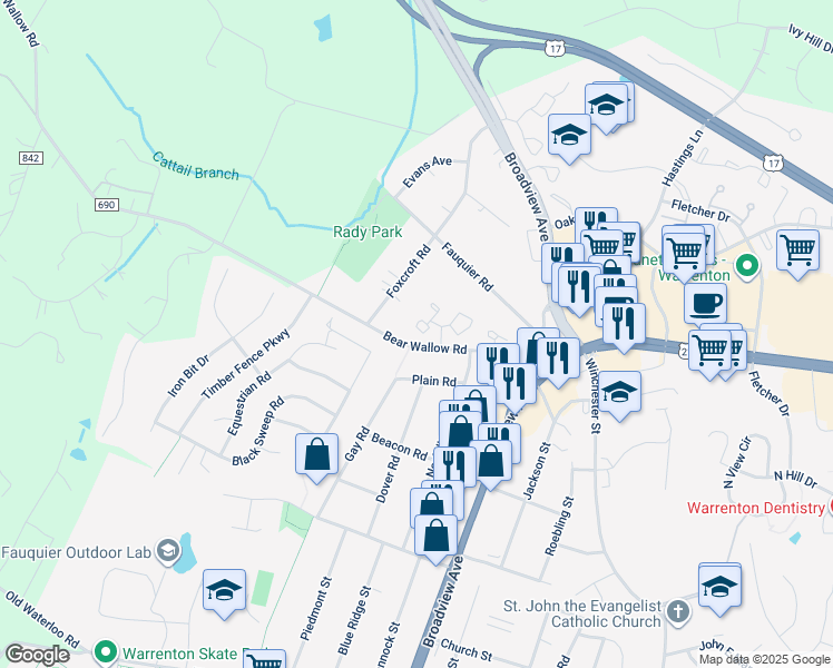 map of restaurants, bars, coffee shops, grocery stores, and more near 408 Forest Court in Warrenton