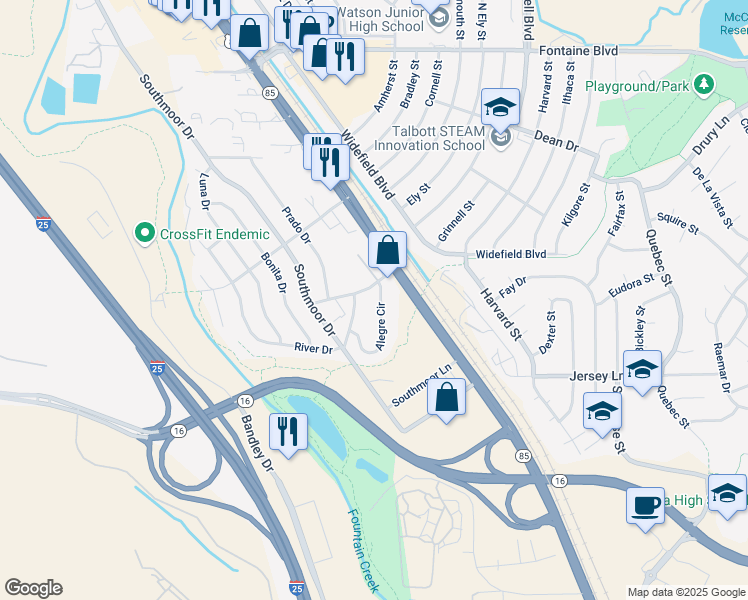 map of restaurants, bars, coffee shops, grocery stores, and more near 7120 Alegre Circle in Fountain
