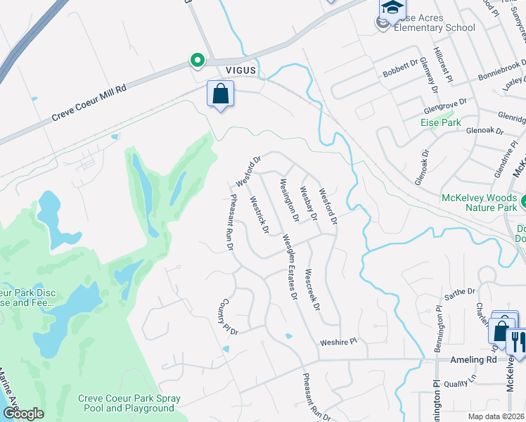 map of restaurants, bars, coffee shops, grocery stores, and more near 2528 Westrick Drive in Maryland Heights