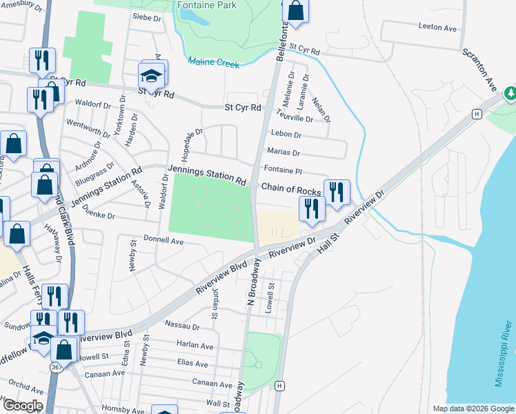 map of restaurants, bars, coffee shops, grocery stores, and more near 970 Raford Court in St. Louis