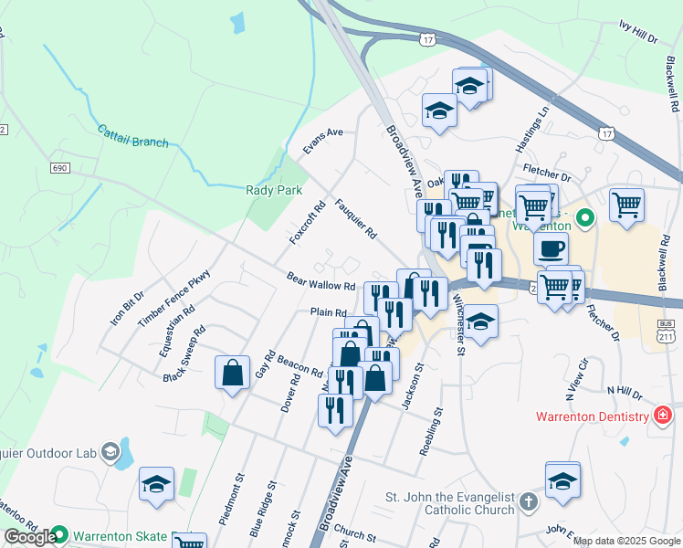 map of restaurants, bars, coffee shops, grocery stores, and more near 407 Denning Court in Warrenton