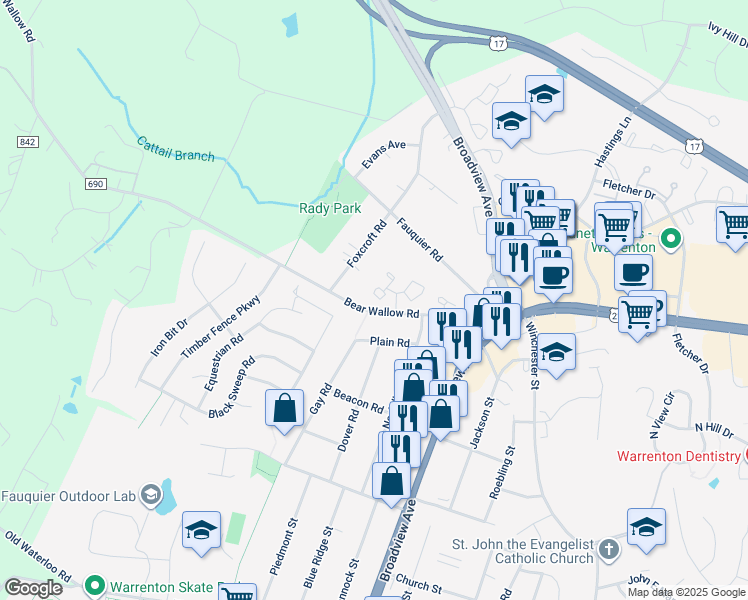 map of restaurants, bars, coffee shops, grocery stores, and more near 408 Forest Court in Warrenton