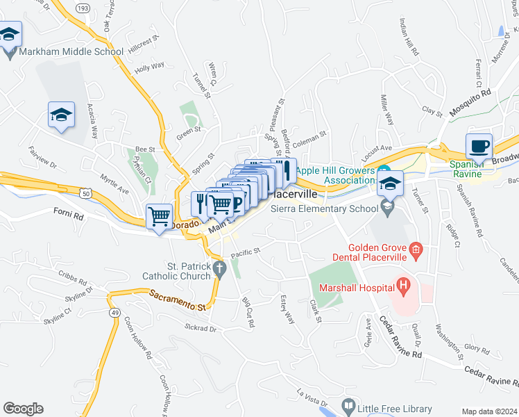map of restaurants, bars, coffee shops, grocery stores, and more near 891 Reservoir Street in Placerville
