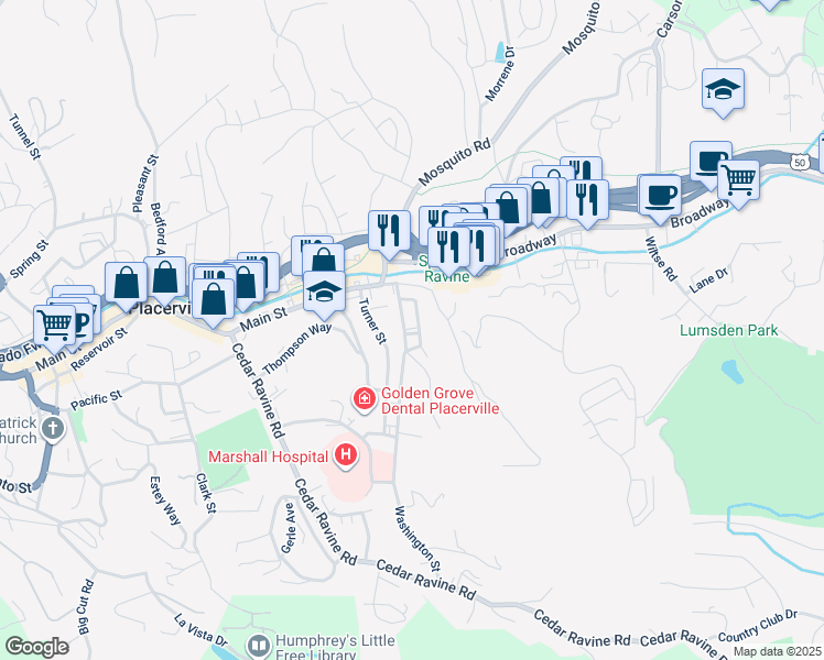 map of restaurants, bars, coffee shops, grocery stores, and more near 3099 Washington Street in Placerville