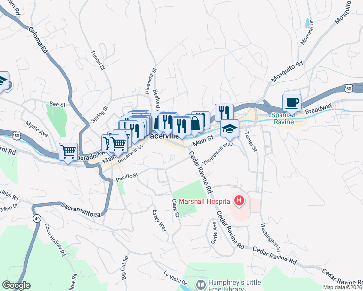 map of restaurants, bars, coffee shops, grocery stores, and more near 589 Main St in Placerville
