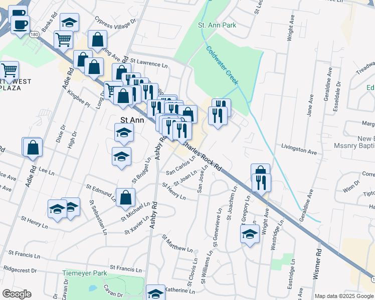 map of restaurants, bars, coffee shops, grocery stores, and more near 10411 San Carlos Lane in Saint Ann
