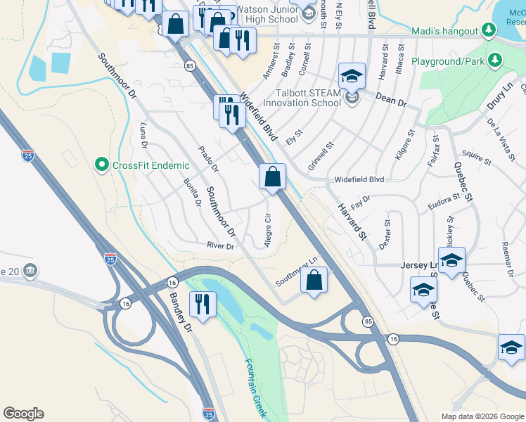map of restaurants, bars, coffee shops, grocery stores, and more near 7080 Alegre Circle in Fountain