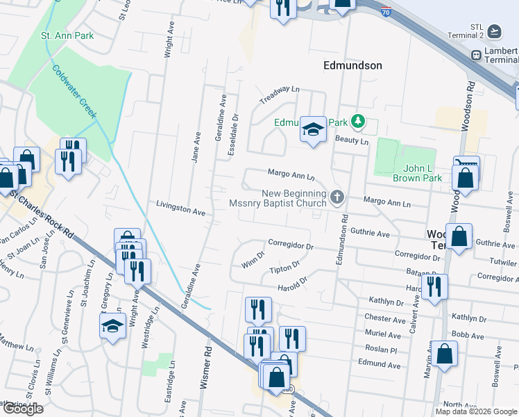 map of restaurants, bars, coffee shops, grocery stores, and more near 9841 Guthrie Avenue in St. Louis
