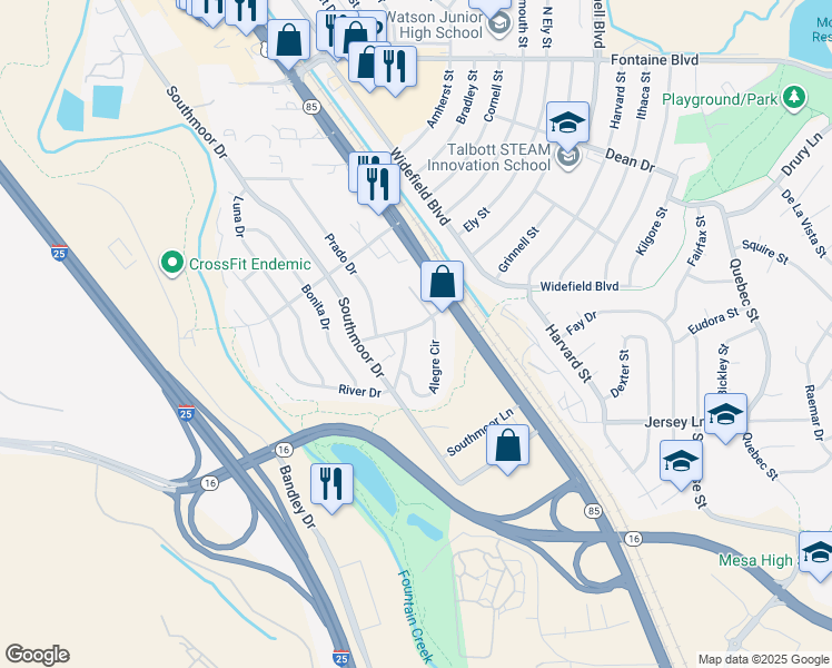 map of restaurants, bars, coffee shops, grocery stores, and more near 7120 Alegre Circle in Fountain
