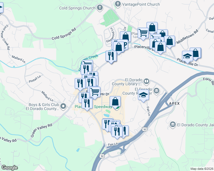 map of restaurants, bars, coffee shops, grocery stores, and more near 2789 Ray Lawyer Drive in Placerville