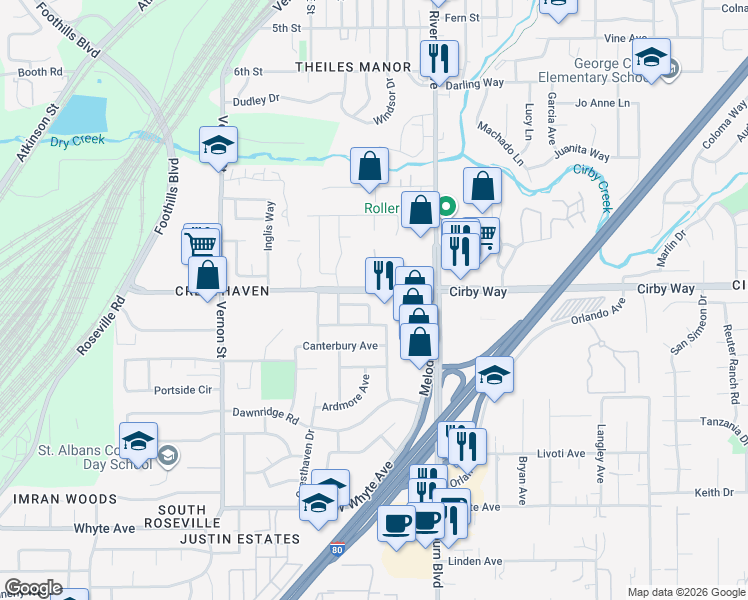 map of restaurants, bars, coffee shops, grocery stores, and more near 119 Duncan Way in Roseville