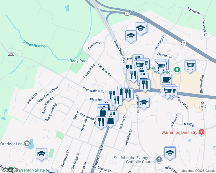 map of restaurants, bars, coffee shops, grocery stores, and more near 561 Tiffany Court in Warrenton