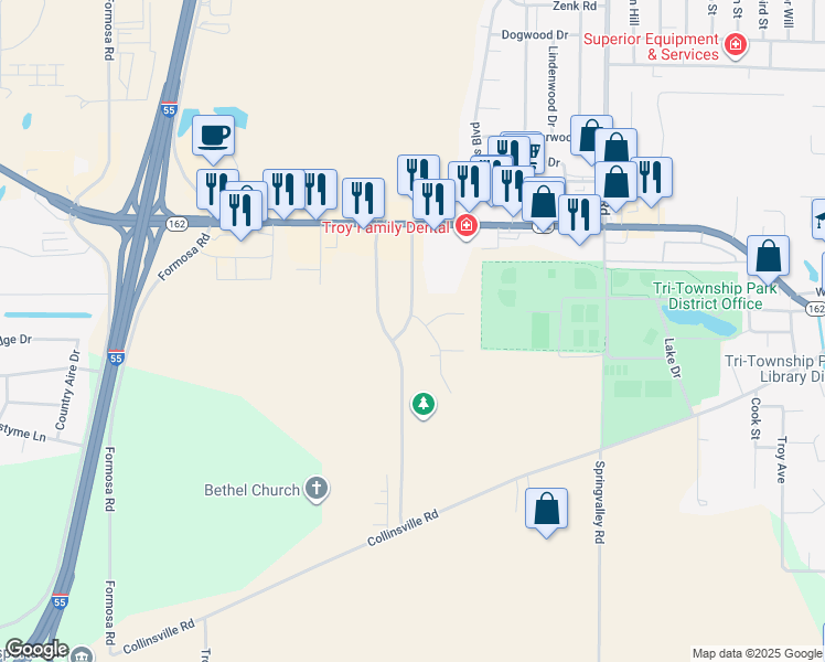 map of restaurants, bars, coffee shops, grocery stores, and more near 1952 SrA Bradley R Smith Drive in Troy