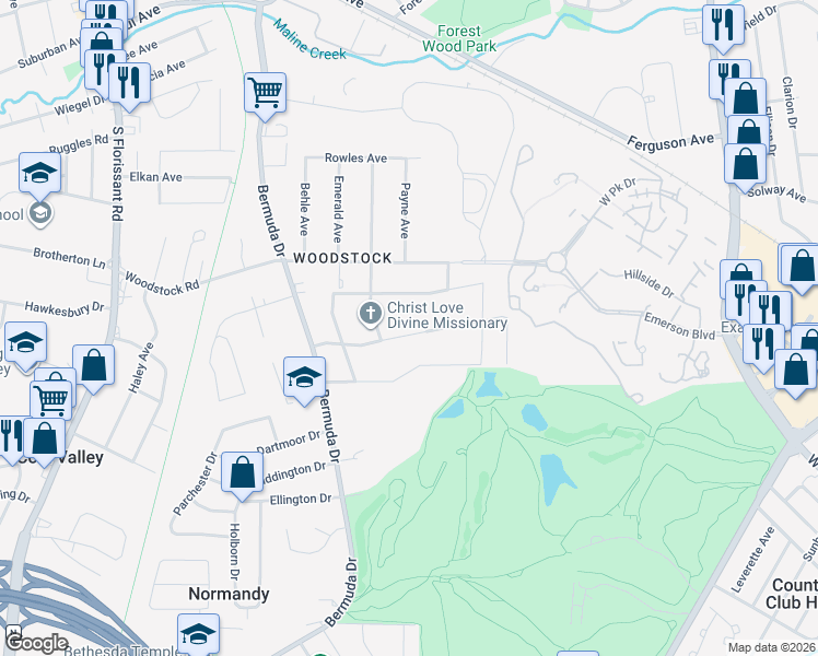 map of restaurants, bars, coffee shops, grocery stores, and more near 7516 Blanding Drive in Ferguson