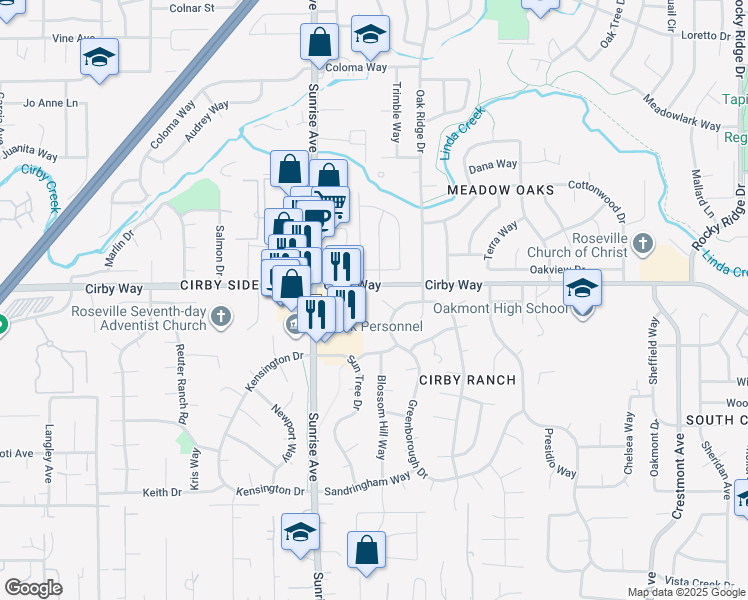 map of restaurants, bars, coffee shops, grocery stores, and more near 1201 Hampshire Court in Roseville