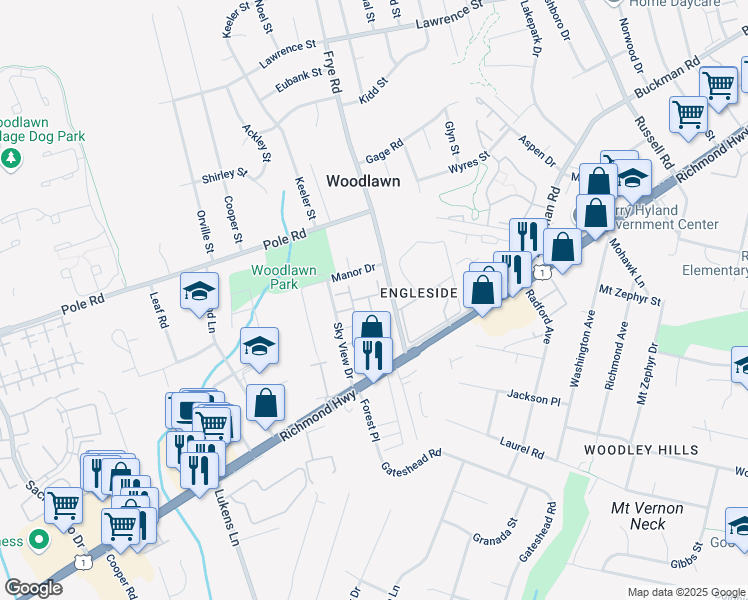 map of restaurants, bars, coffee shops, grocery stores, and more near 8421 Hallie Rose Street in Alexandria