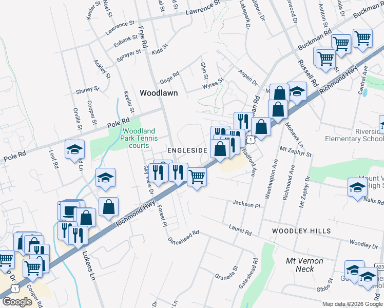 map of restaurants, bars, coffee shops, grocery stores, and more near 8496 Madge Lane in Alexandria