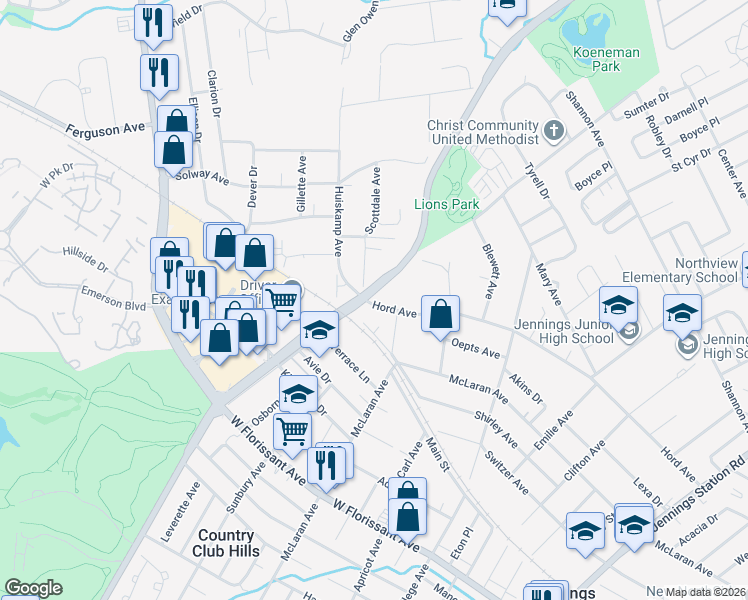 map of restaurants, bars, coffee shops, grocery stores, and more near 2645 Hord Avenue in Jennings