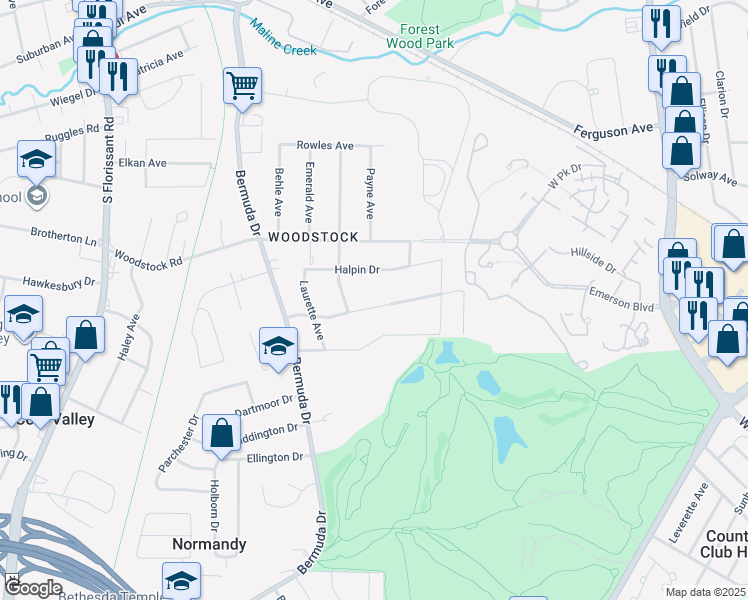 map of restaurants, bars, coffee shops, grocery stores, and more near 7516 Blanding Drive in Ferguson