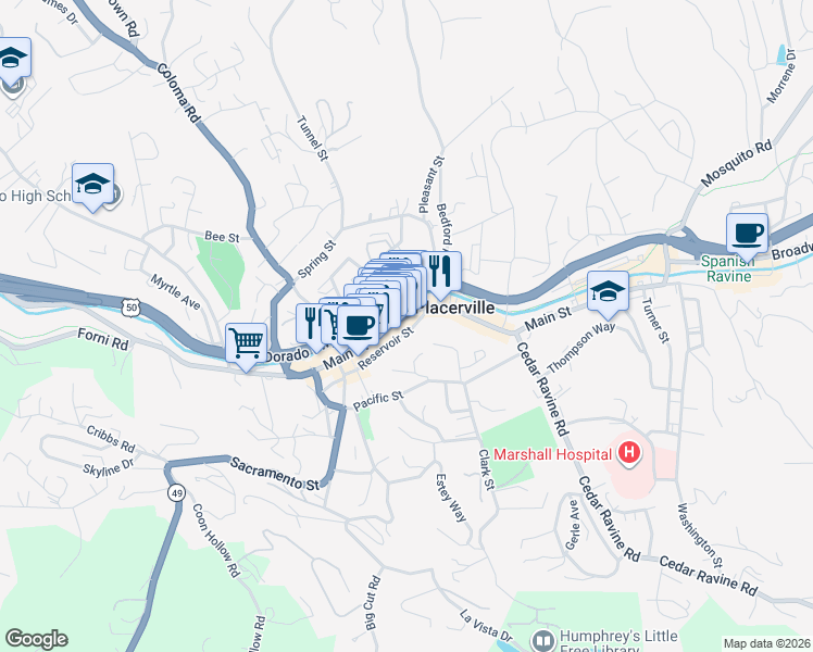 map of restaurants, bars, coffee shops, grocery stores, and more near 887 Reservoir Street in Placerville