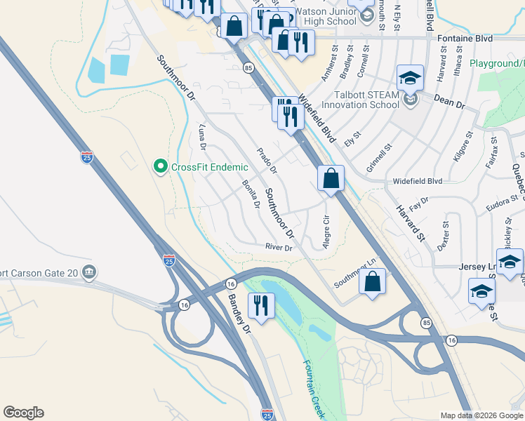 map of restaurants, bars, coffee shops, grocery stores, and more near 1675 Bonita Drive in Fountain