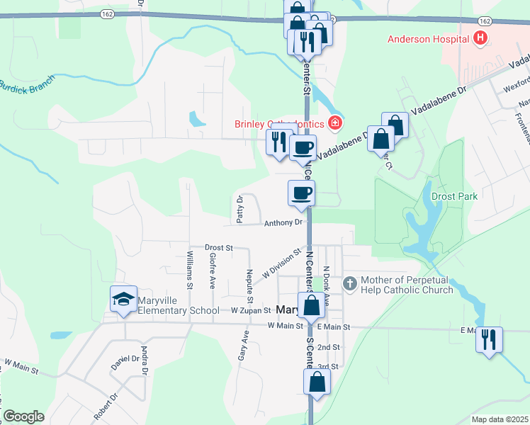 map of restaurants, bars, coffee shops, grocery stores, and more near 604 Patty Drive in Maryville