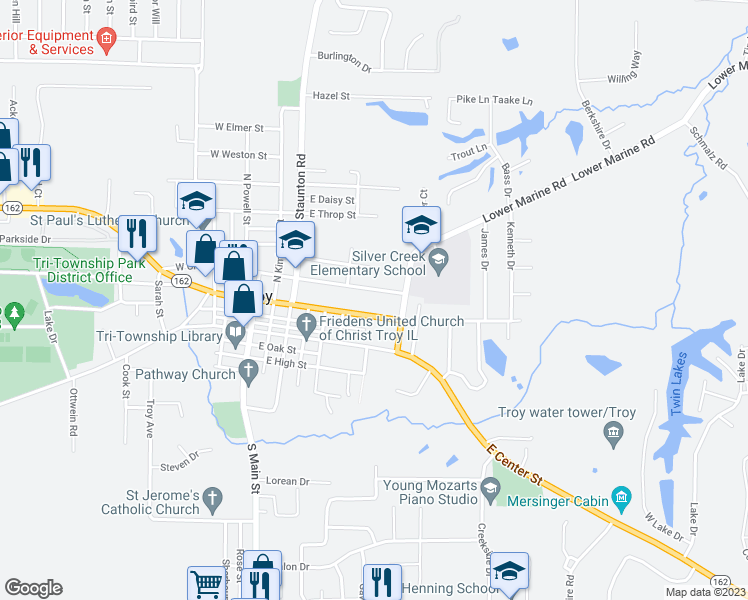 map of restaurants, bars, coffee shops, grocery stores, and more near 306 East Market Street in Troy