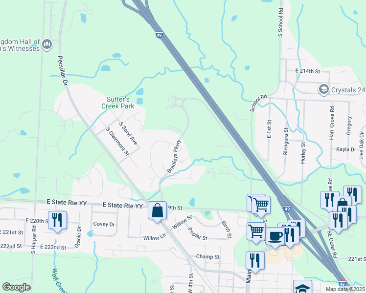 map of restaurants, bars, coffee shops, grocery stores, and more near 11013 Daniel Circle in Peculiar