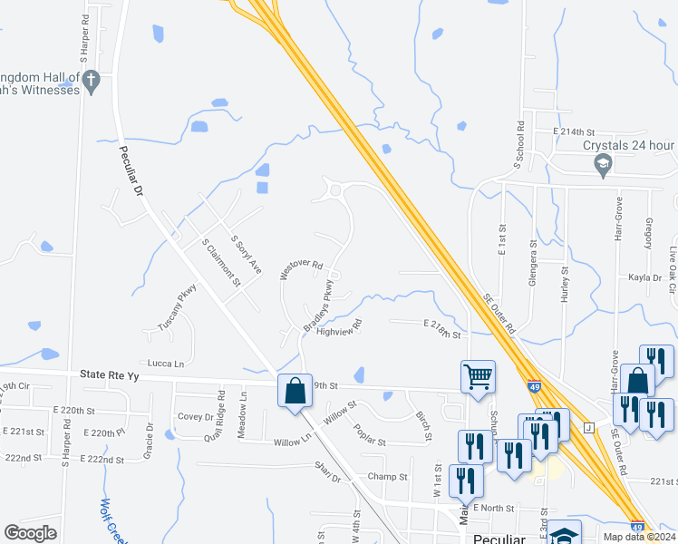 map of restaurants, bars, coffee shops, grocery stores, and more near 11031 Daniel Circle in Peculiar