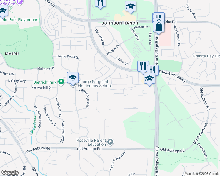 map of restaurants, bars, coffee shops, grocery stores, and more near 3641 Annabelle Avenue in Roseville