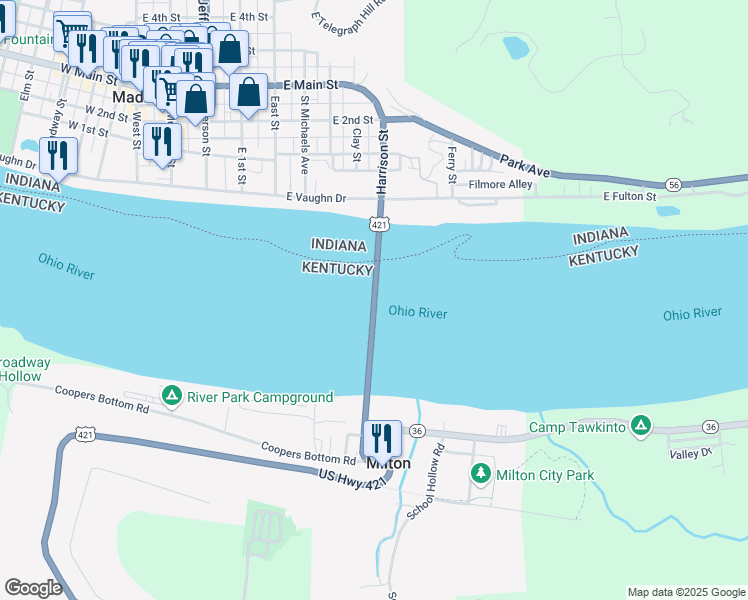 map of restaurants, bars, coffee shops, grocery stores, and more near U.S. 421 in Milton