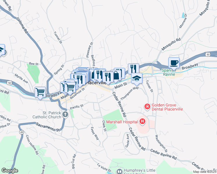 map of restaurants, bars, coffee shops, grocery stores, and more near in Placerville