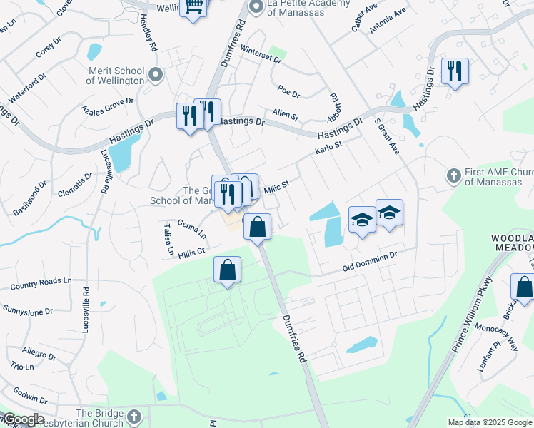map of restaurants, bars, coffee shops, grocery stores, and more near 9370 Caspian Way in Manassas