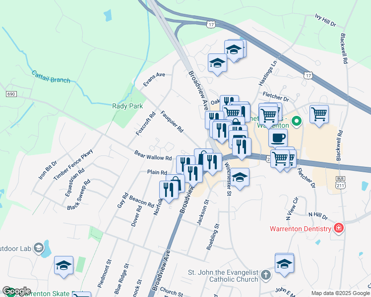 map of restaurants, bars, coffee shops, grocery stores, and more near 541 Tiffany Court in Warrenton