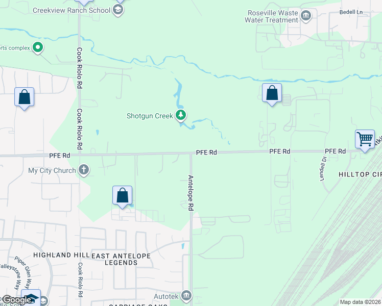 map of restaurants, bars, coffee shops, grocery stores, and more near Pfe Rd & Antelope North Rd in Roseville
