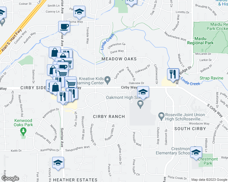 map of restaurants, bars, coffee shops, grocery stores, and more near 1403 Vista Creek Drive in Roseville