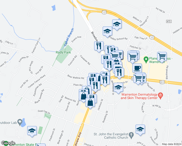 map of restaurants, bars, coffee shops, grocery stores, and more near 547 Tiffany Court in Warrenton