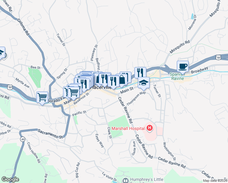 map of restaurants, bars, coffee shops, grocery stores, and more near 589 Main Street in Placerville